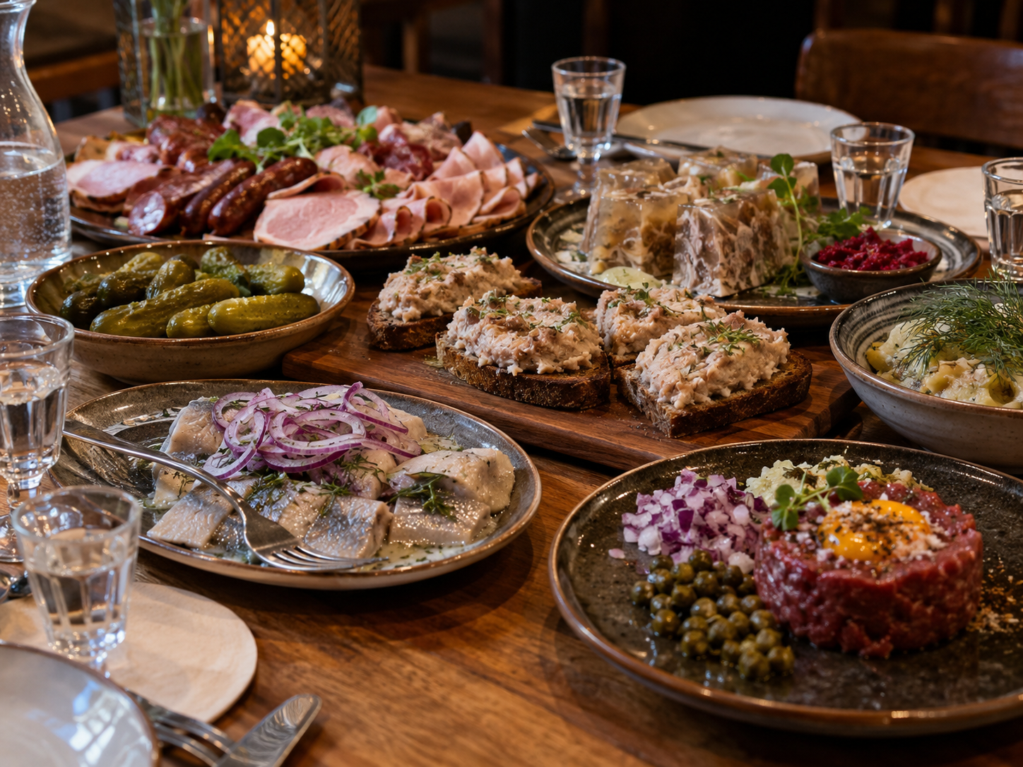 Traditional Polish zakąski — herring, pickles, smalec on rye, tartare and sausage — with shots of vodka
