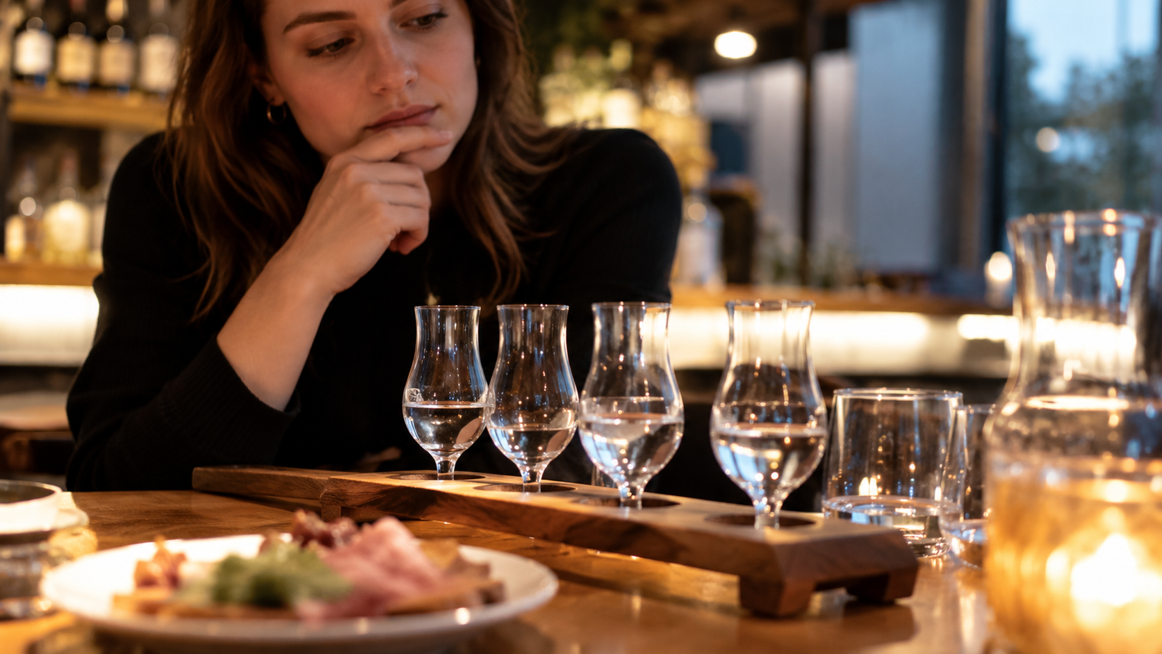 A woman with a wondering face, looking at a tray of vodka shots.