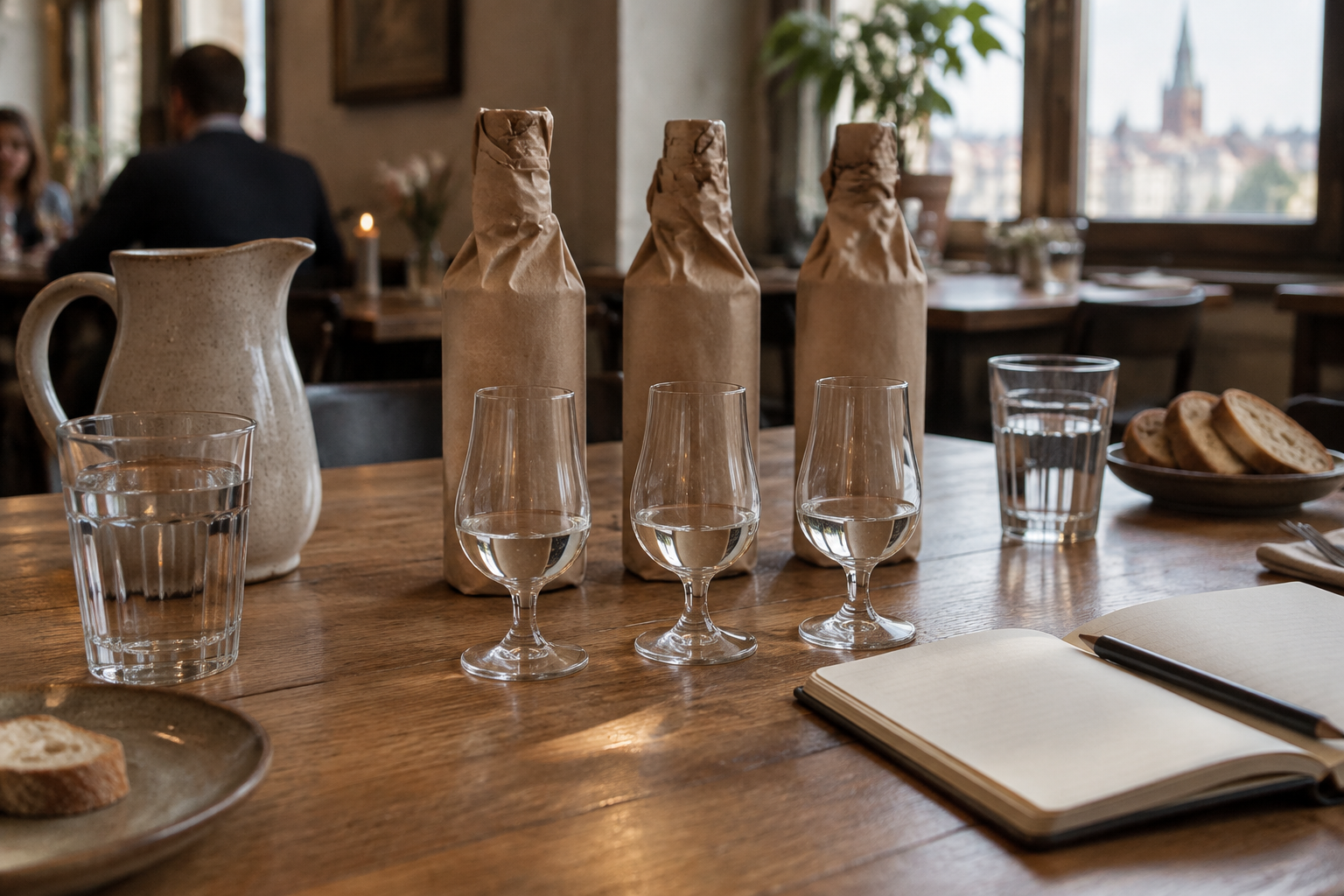 Three small tulip-shaped glasses of clear vodka beside covered bottles, water and a tasting notebook