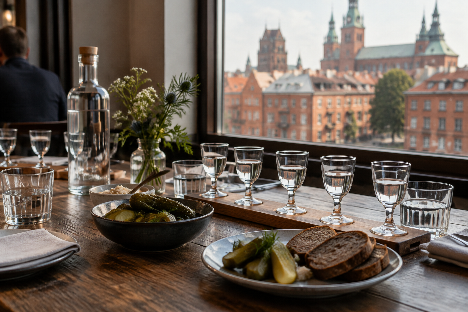 Small tasting glasses, water and Polish snacks on a wooden table, with Warsaw brick architecture beyond the window